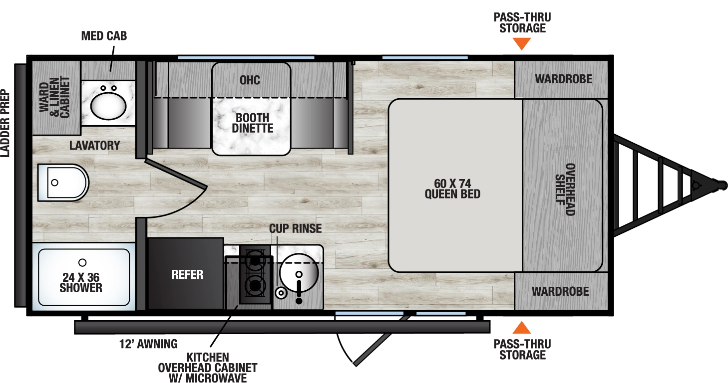 The Viking Travel Trailers 17FQ floorplan has one entry and zero slide outs. Exterior features include: metal exterior and 12' awning. Interiors features include: front bedroom and rear bathroom.